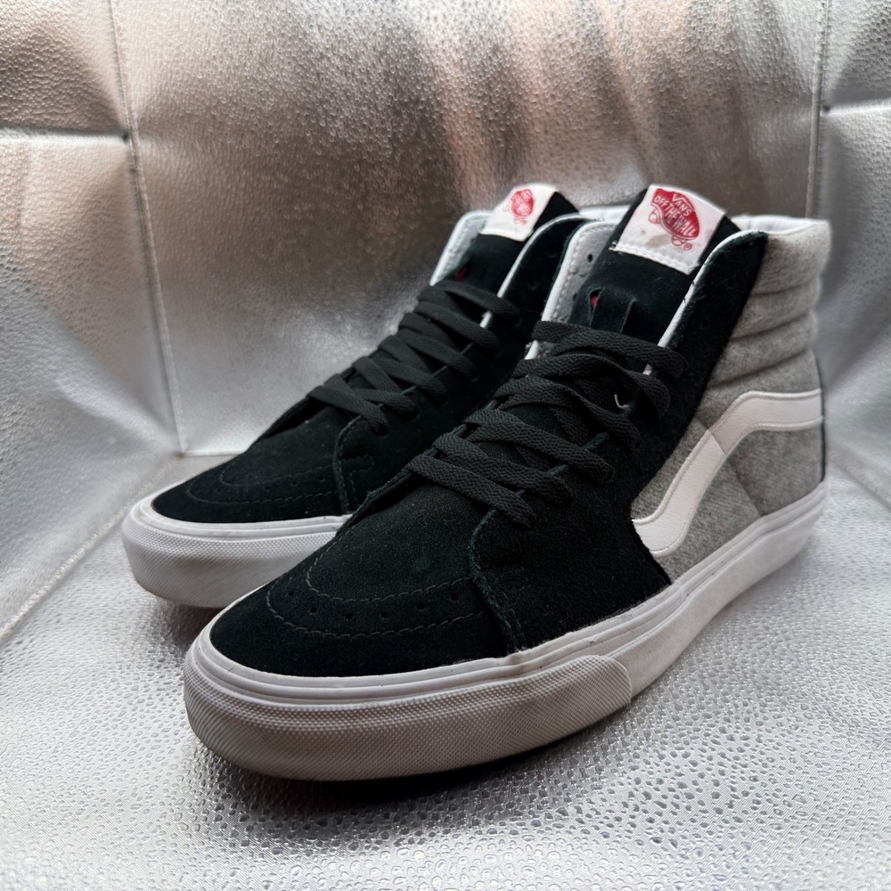Size 10 Vans Sk8-Hi Sneakers Mens Black Grey Excellent Wool Suede High Top